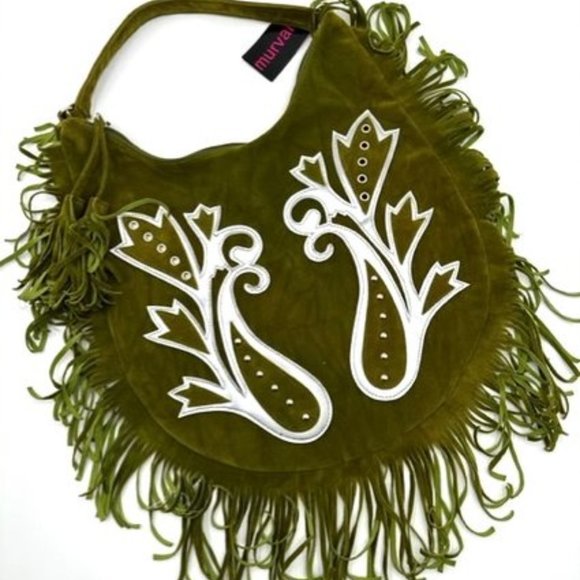 Murval Green Suede Handbag with Fringe and White Accents - Picture 1 of 6